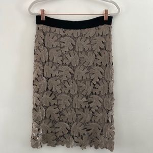 BCBGMAXAZRIA Pencil Skirt Sequin Lace Leaf Shaped in Hazelnut Taupe | XS